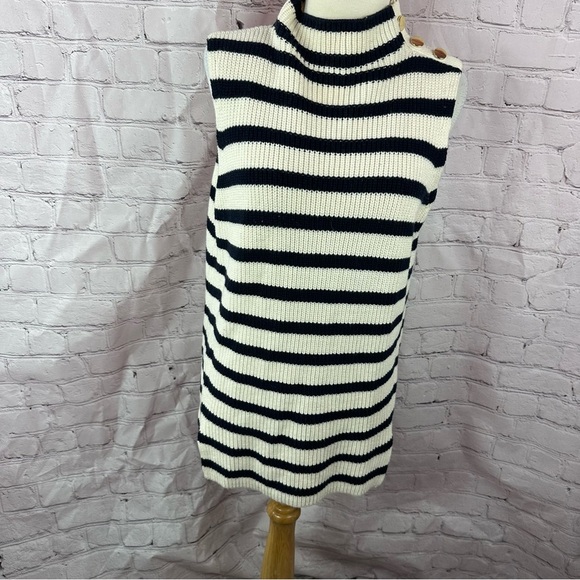 LOFT Striped Sleeveless Turtleneck ribbed Sweater button detail nautical sz L - Picture 1 of 8